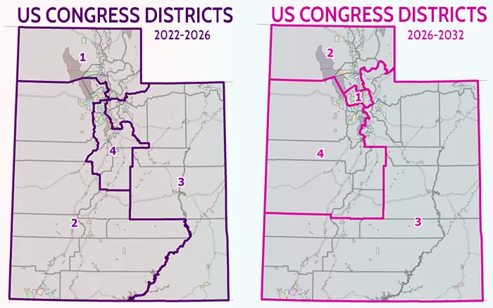 Side-by-side map comparing the original Utah US Congress Districts for 2022 to 2026 and the new districts for 2026 to 2032.