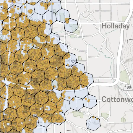 The fabric points for a single provider overlaid with the H3 level 8 hexagons that contain them